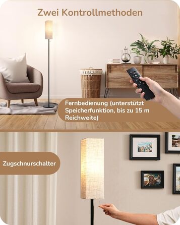 Торшер EDISHINE LED для вітальні, димований, E27, лампа для читання з лляним абажуром і пультом, підлоговий світильник з 3 режимами кольору, вінтажний для спальні, чорний