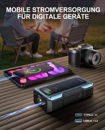 Бустер для авто Starthilfe Powerbank 6000A: пусковий пристрій з компресором 150 PSI, 12V для бензинових (до 9л) та дизельних (до 7.5л) двигунів, синій