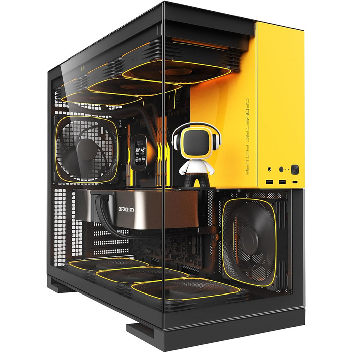 Корпус для ПК Geometric Future M5, загартоване скло, Mid Tower, E-ATX/ATX, 1.2мм сталь, ARGB вентилятори, Type-C, підтримка радіаторів 420/360 мм, чорний/жовтий