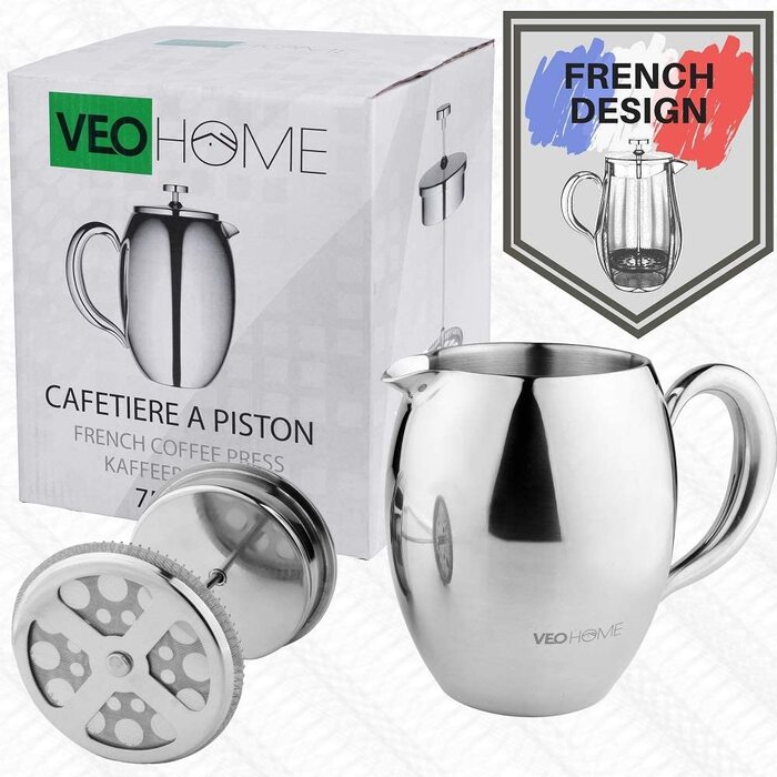 Френч-прес VeoHome з нержавіючої сталі, 0,75 л, термостійкий, подвійні стінки, для приготування кави