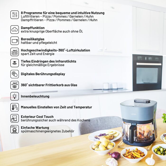 Аерофритюрниця Lauben Glass&Steam 4500BG зі скляним кошиком та функцією пари, 8 програм, 4.5л