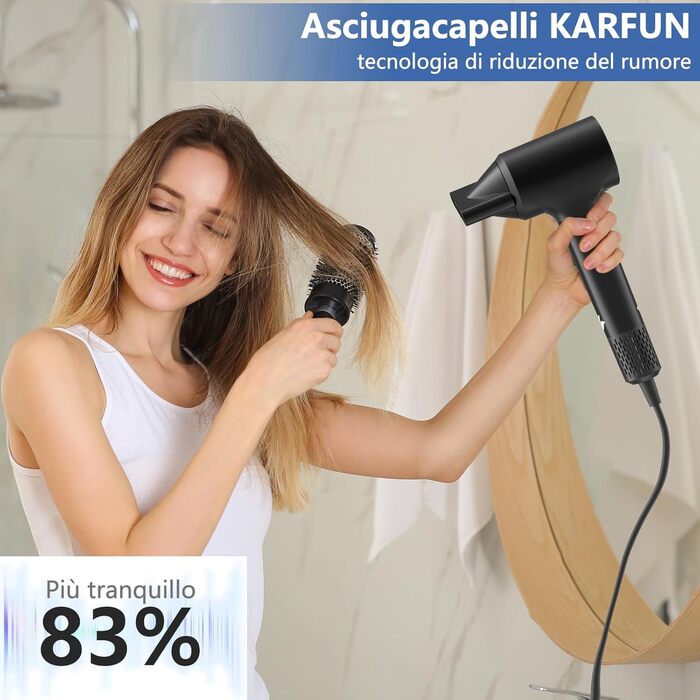 Фен для волосся KARFUN Lonen з іонізацією, 200 млн негативних іонів, розумний термостат, безщітковий мотор 110000 об/хв, швидке сушіння, тихий, дорожній, чорний