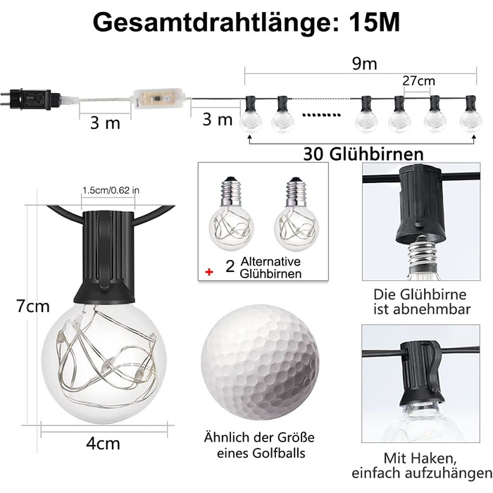 Гірлянда 30 LED для вулиці, кольорова, 9 м, 16+ кольорів, водонепроникна IP65, G40, з пультом ДУ, для саду, балкона, весілля, вечірки