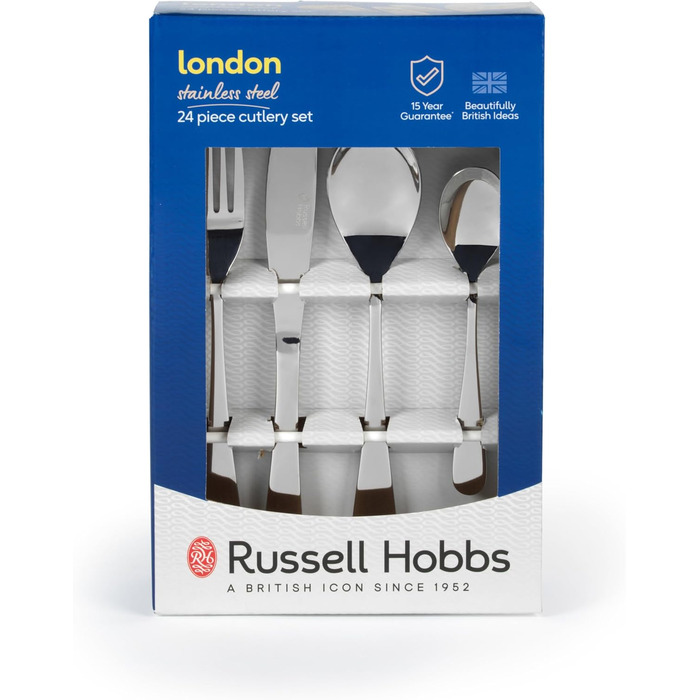 Набір столових приборів Russell Hobbs London 24 предмети, нержавіюча сталь, на 6 осіб, для мийки в посудомийній машині. Гарантія 15 років