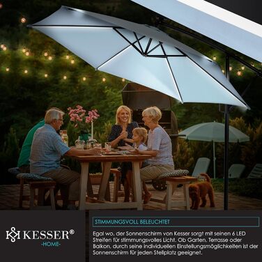 Сонячна LED парасолька KESSER з алюмінію, 350 см, з дистанційним керуванням, підставкою, водовідштовхувальна, UV-захист, світло-блакитна