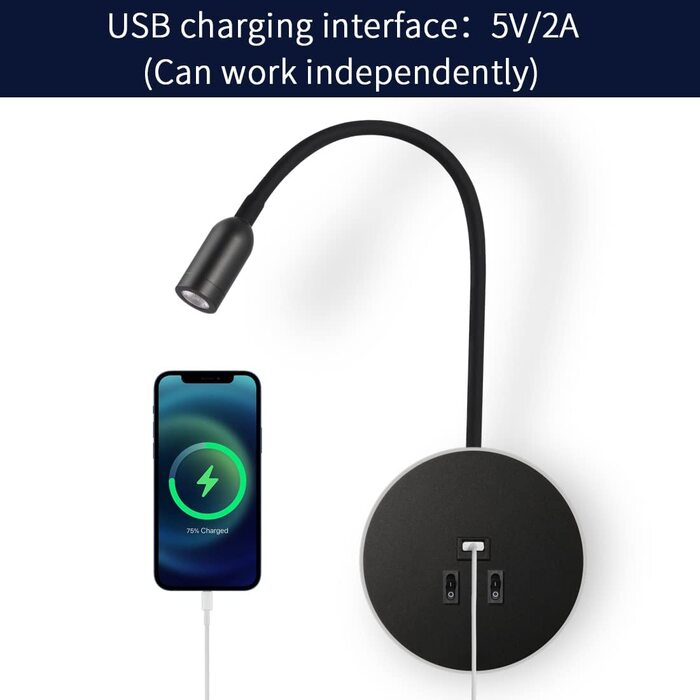Світильник для читання Awekliy 3W+8W LED з гнучкою ніжкою, настінний, з USB-зарядкою, перемикачем, для спальні, ліжка, нічник, чорний, 3000K