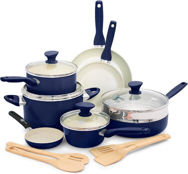Набір посуду GreenPan Rio 16 предметів, антипригарне покриття з кераміки, без PFOA та PFAS, для здорового приготування, легко миється, сумісний з посудомийною машиною, синій