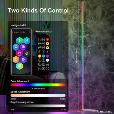 MIWATT LED торшер для вітальні 143 см, RGB, димер, керування пультом і додатком, 16 млн кольорів, музичний і DIY-режими, таймер, для спальні, ігрової кімнати, офісу, білого кольору