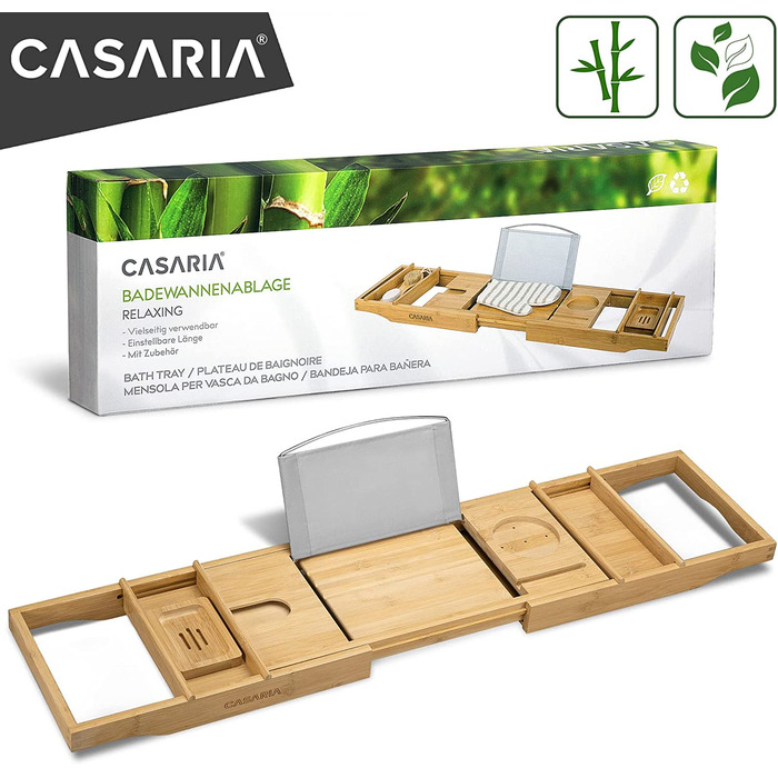 CASARIA® Полиця для ванни з бамбука, розсувна 75-109 см, з інструментом для педикюру, рукавичкою для миття, мильницею, нековзна, міст для ванни