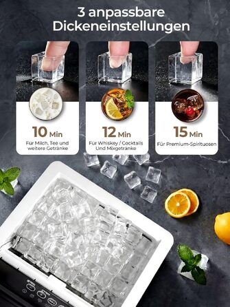 Льодогенератор FOHERE нержавіюча сталь 24 кг/24 год, 3.2 л, тихий (40 дБ), таймер, самоочищення, для дому та вечірок, сріблястий