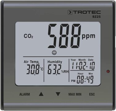 Вимірювач CO2 Trotec BZ30 – монітор якості повітря, вологості та температури, діапазон вимірювання 0-9999 PPM, похибка ±75 PPM + 5%, даталогер на 50 000 вимірювань