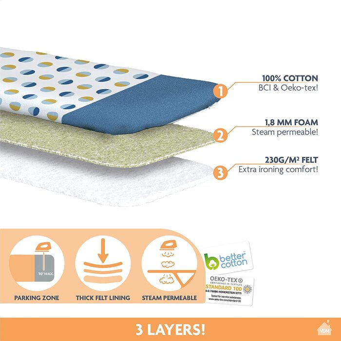 LaundrySpecialist® Чохол для прасувальної дошки L/XL 134x49 см з термостійкою зоною паркування, блакитний – комфортний, захист від пригару
