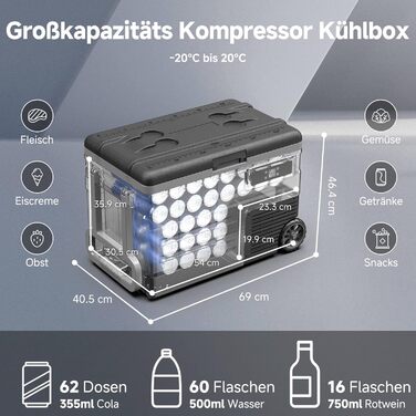 Автомобільний компресорний холодильник AAOBOSI з Wi-Fi, LED підсвіткою, -20°C/+20°C, 12/24V/220V, на колесах для авто, кемпінгу, подорожей