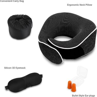 Ергономічна подушка для подорожей Collazoey з ефектом пам'яті (Memory Foam) для шиї, набір з маскою для сну, берушами та сумкою для зберігання, темно-сіра
