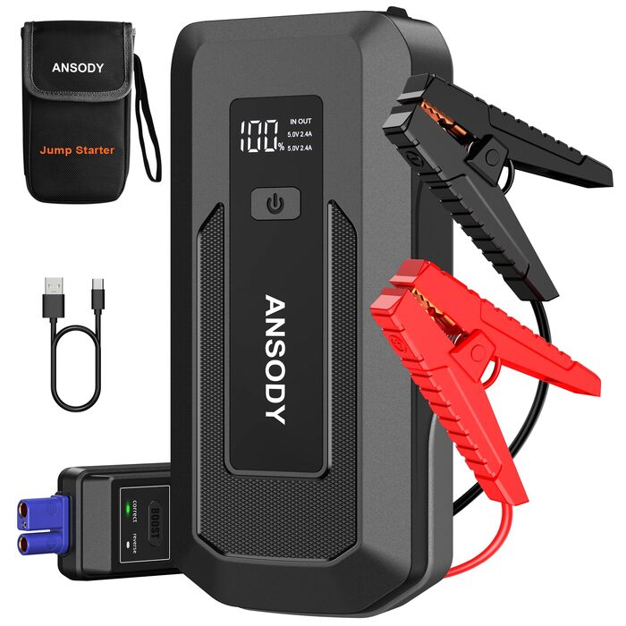 Бустерний пускач автомобіля 3000A Powerbank для авто 12V (до 10л бензин/8л дизель) з LED-ліхтарем та пусковими кабелями, сірий