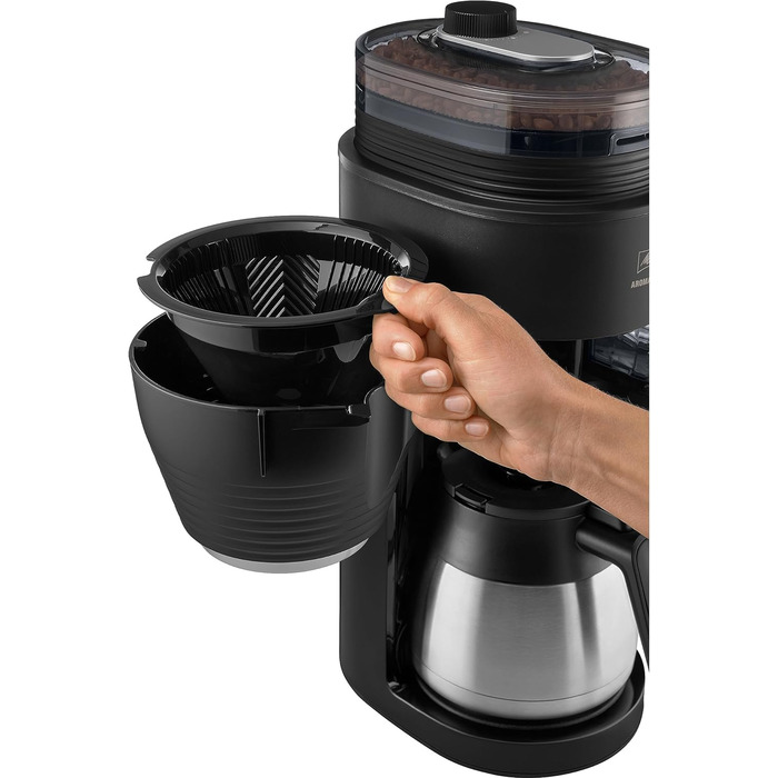 Кавоварка Melitta AromaFresh Therm Pro X з млином, термокухлем і знімним резервуаром для води, фільтраційна кавомашина на 8 чашок, чорна
