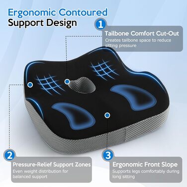 Подушка для офісного крісла з Memory Foam: ортопедична підкладка під куприк для зменшення тиску, широка подушка для сидіння для офісу, автомобіля та інвалідного візка, чорно-сіра