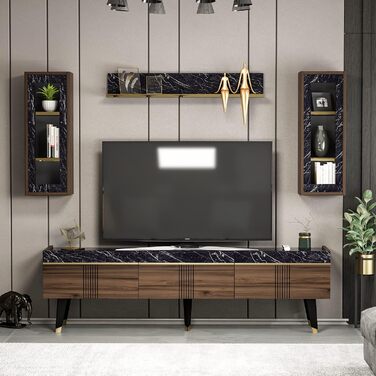 Гірка для вітальні Homidea KARYA, ТВ-тумба, меблі під телевізор з 3 дверцятами, сучасний дизайн, горіх/мармур