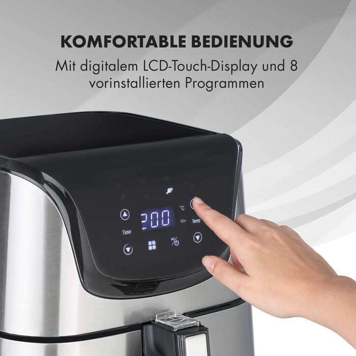 Аерофритюрниця Klarstein Aero Vital Deluxe, 1700 Вт, 5,4 л, з LCD-дисплеєм, 8 програм, з термостатом і таймером, нержавіюча сталь, срібляста, економна