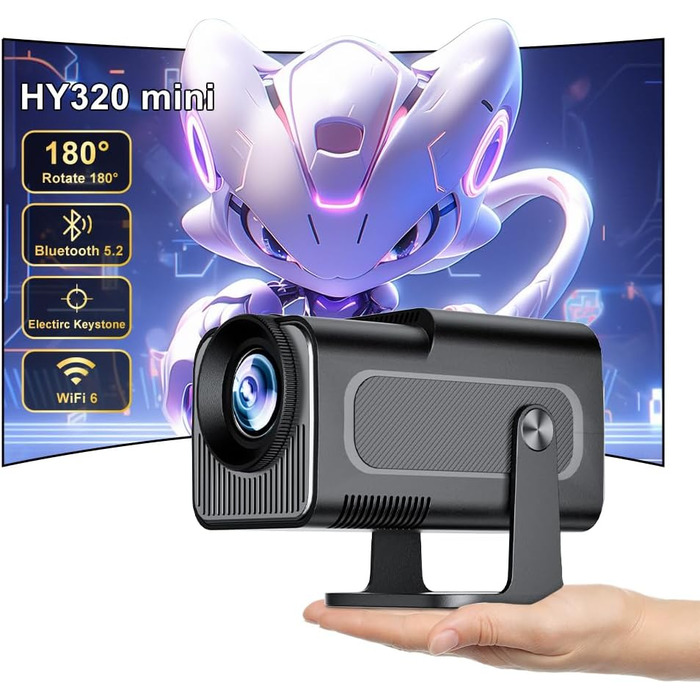 Beamer 4K HY260pro: Міні проєктор для дому та вулиці з WiFi 6, Bluetooth 5.4, Android TV, 180° обертання, 18000 люмен, 5W динамік