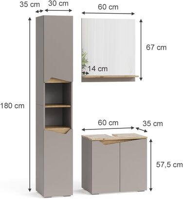 Висока шафа для ванної Vicco Marelle, грейж/дуб Артизан, 30x180 см, з дверцятами та відкритими полицями