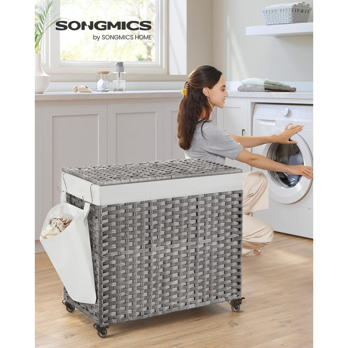 Кошик для білизни SONGMICS 160 л з кришкою, 3 секції, на колесах, знімний мішок, сіра ротанговий стиль, 70x36x66 см