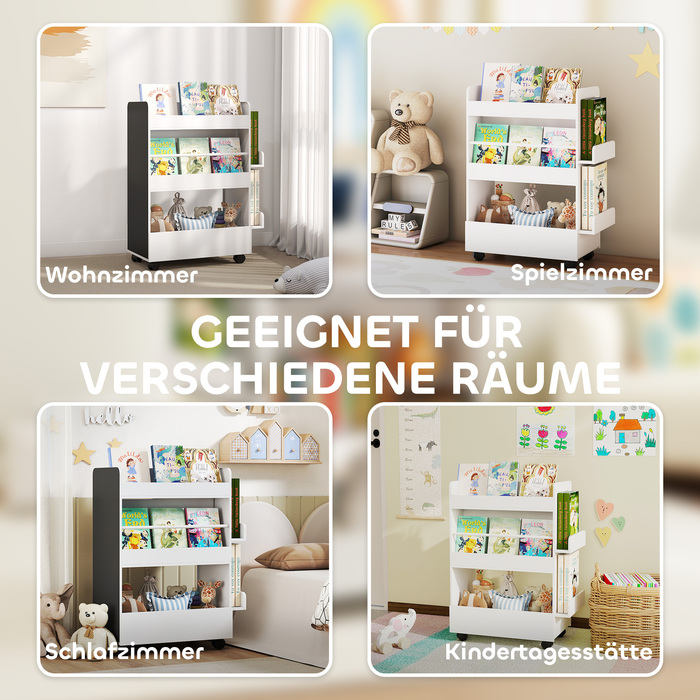 Дитяча полиця для книжок Kinder з 4 полицями, нижньою секцією, 2 бічними панелями, дощечкою для малювання, колесами, для дітей 3–8 років, 66,5 x 32,5 x 86,5 см, білий