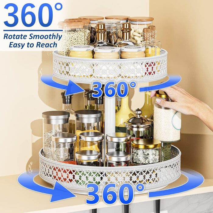Дворівнева обертаюча полиця Lazy Susan для спецій і зберігання, металева, 30,5 см, біла, для кухні, шафи, столу, косметики, регульована