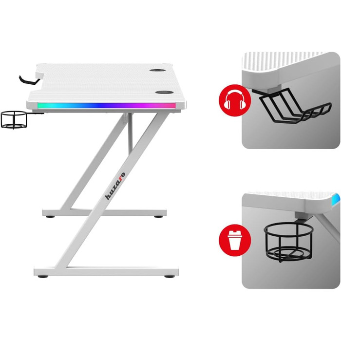 Геймерський стіл Huzaro Hero 2.5 120x60 см, RGB LED підсвітка, USB, тримачі для напоїв і навушників, карбонова стільниця, чорний