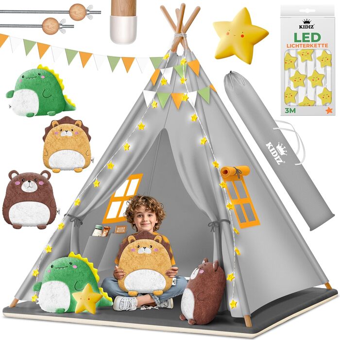 Дитячий ігровий намет KIDIZ Tipi 100x100x160 см з бавовни з LED-гірляндою, світловою зіркою, прапорцевою гірляндою, 3 плюшевими іграшками, килимком і сумкою для зберігання, для дому та вулиці
