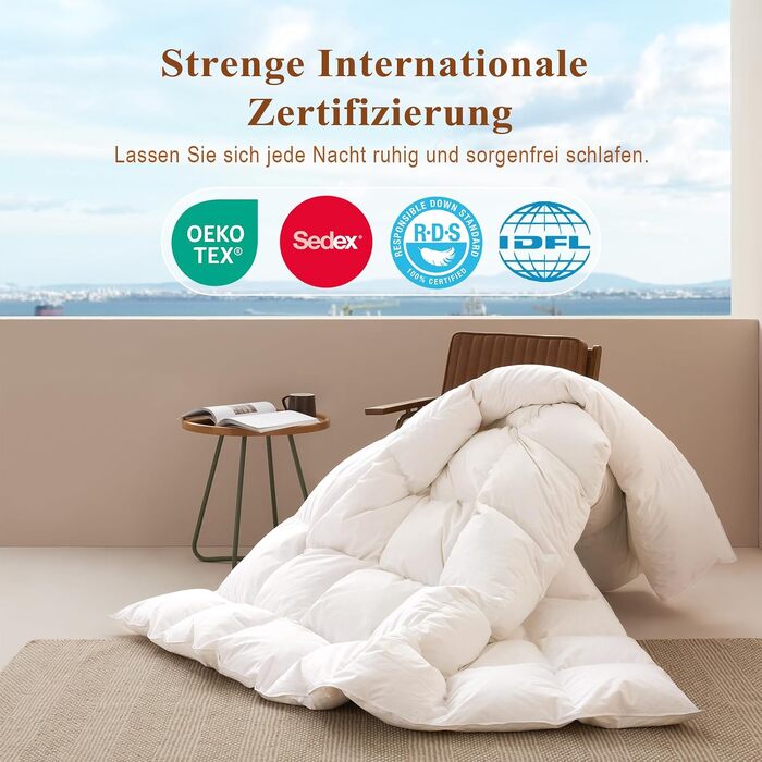 Всесезонна ковдра APSMILE 240x260 см, 100% бавовна, гусячий пух та перо (50/50), гіпоалергенна, сертифікація Ökotex та DOWNPASS