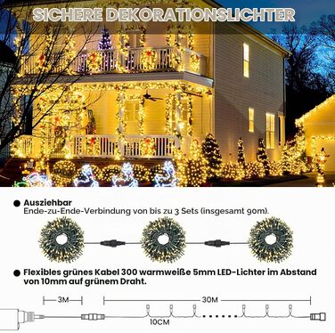 Світлодіодна гірлянда для вулиці та дому 33м, 300 LED, теплий білий колір, 8 режимів роботи, таймер, IP65 водонепроникна, розширювана новорічна ілюмінація для саду та свят