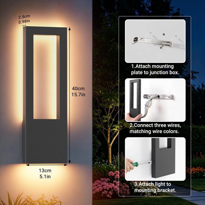 Світильник настінний вуличний Aipsun LED 30W, тепле біле світло 3000K, водонепроникний IP65, прямокутний корпус з алюмінію для гаража та коридору, чорний