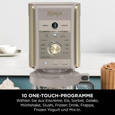 Ninja CREAMi Deluxe NC502EUSTGD – Морожениця, сорбетороб, шейкер для смузі та замороженого йогурту (2 контейнери, 10 функцій, золотий)