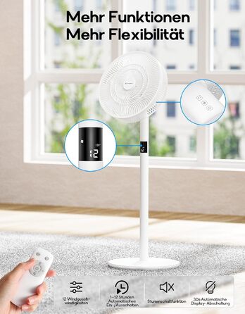 Вентилятор підлоговий MYCARBON DC мотор, надтихий (20дБ), LED дисплей, 12 швидкостей, пульт, 60/90/120° осциляція, таймер 12 год, 14 дюймів, для кімнати до 20 м²