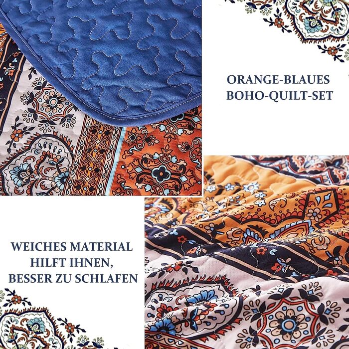 Постільна покривало WONGS BEDDING в стилі Бохо 220x240 см, 3-предметний комплект з 2 наволочками 50x70 см, стібана ковдра з мікрофібри для двоспального ліжка та дивана