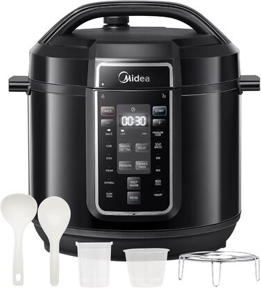 Мультиварка електрична Midea 9-в-1, 8 л, 12 програм, антипригарний, йогуртниця, рисоварка, пароварка, повільне приготування, нерж. сталь, чорна