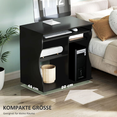 Комп'ютерний стіл HOMCOM Стіл з коліщатками Офісний стіл з підносом для клавіатури, полиця, стіл для ПК чорний 80 х 48 х 75 см