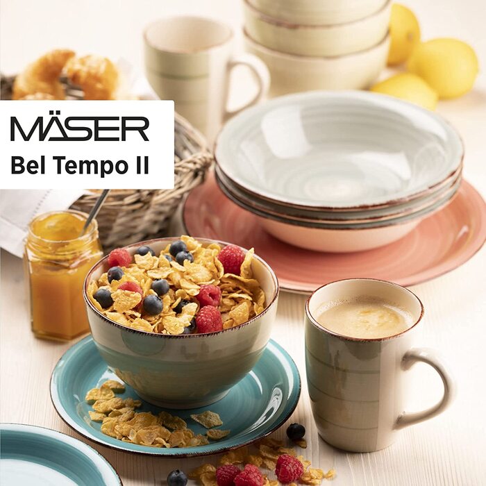 Набір тарілок MÄSER Bel Tempo II на 6 персон, 12 предметів, вінтажний стиль, рожевий, ручний розпис, кераміка
