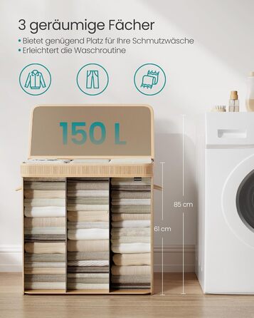 Бамбуковий кошик для білизни SONGMICS з кришкою, знімний мішок, 150 л, натуральний бежевий, для пральні, спальні, вітальні