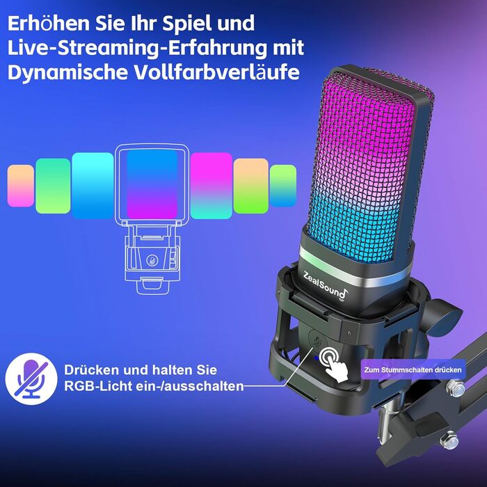 USB мікрофон Zealsound з підставкою та RGB підсвічуванням для iPhone, ПК, Mac, смартфонів і PS5, з функцією вимкнення звуку, штативом, бум-стійкою (2 тримачі та 2 адаптери), для ігор, подкастів, стрімінгу Twitch, YouTube, TikTok на Windows та Android