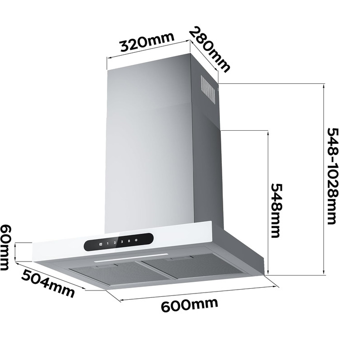 Витяжка для кухні CIARRA CBCS6102 60см, біла: продуктивність 650м³/год, клас A+++, сенсорне керування, з вугільним фільтром CBCF003, режим рециркуляції та відведення