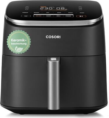 Фритюрниця Cosori Turboblaze з керамічним покриттям, 9-в-1, об'єм 6л, XXL, тихий DC мотор, 87 рецептів, сірий колір
