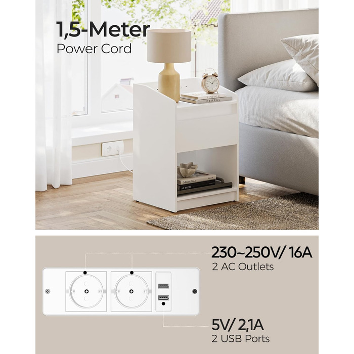 Тумба приліжкова Hzuaneri з LED-підсвіткою, USB, розетками, шухлядою та відкритою полицею, біла, для спальні та вітальні