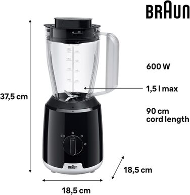 Блендер стаціонарний Braun PowerBlend 1 JB1050WH 600 Вт, скляна колба 1.5 л, чорний - для смузі, подрібнення льоду та приготування пюре