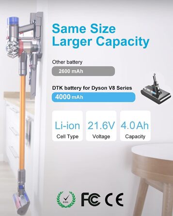 Акумулятор DTK 4000mAh 21.6V для пилососа Dyson V8 (SV10) Absolute, Animal, Fluffy, Motorhead, Slim, Total Clean, Extra, бездротовий ручний