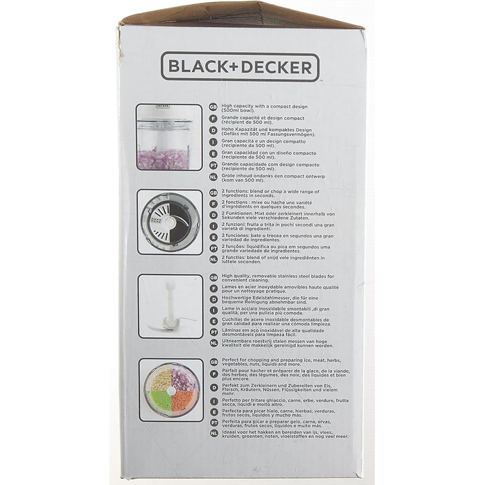 Подрібнювач BLACK+DECKER BXCH260E, 260 Вт, 500 мл, 2 швидкості, нержавіюча сталь, білий, для змішування та подрібнення, з кришкою для зберігання