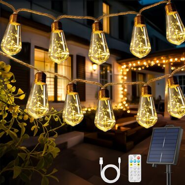 Сонячна гірлянда вулична 10м, 16 LED ламп S17, теплий білий, 8 режимів, таймер, мотузка, для саду, тераси, весілля