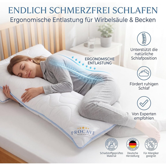 Подушка для сну на боці PROCAVE Top Cool — довга анатомічна подушка-обіймашка (Body Pillow), дихаюча та гіпоалергенна, для підтримки спини та комфортного сну, 40x145 см, Made in Germany