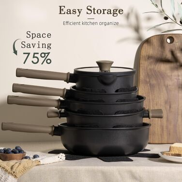 Набір посуду Astercook 19 предметів: антипригарні каструлі та сковорідги з титановим покриттям для індукційних плит, без ПФОА та ПТФЕ, чорний